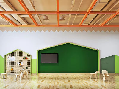 School Activity Room With Green Wall Orange Beams TV Wooden Floor And Animal Shaped Chairs 3d model