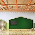 School Activity Room With Green Wall Orange Beams TV Wooden Floor And Animal Shaped Chairs