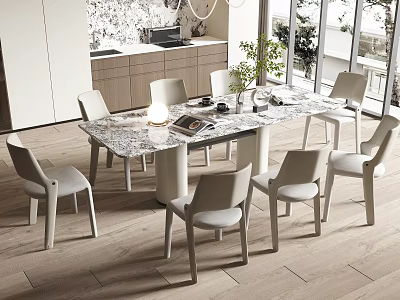 Modern Dining Table Set With Marble Top And Light Grey Chairs Near Large Windows 3d model