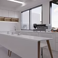 Modern Open Concept Kitchen Interior With White Cabinets Island Counter And Large Windows
