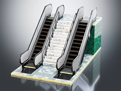 Modern Escalators And Staircase Design In Public Area With Marble Floor And Green Tiled Walls 3d model