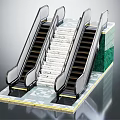 Modern Escalators And Staircase Design In Public Area With Marble Floor And Green Tiled Walls