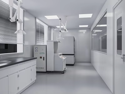 Modern White Laboratory Interior With Clean Lab Benches Cabinets And Equipment 3d model