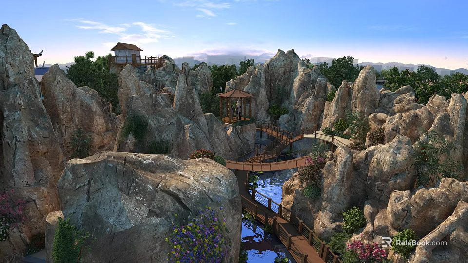 Scenic Rock Formations With Pavilions Wooden Bridge Stream Colorful Flowers And Distant Mountain Views 3d model 