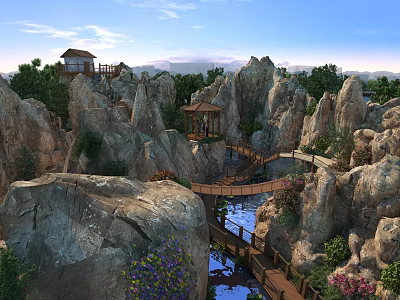 Scenic Rock Formations With Pavilions Wooden Bridge Stream Colorful Flowers And Distant Mountain Views 3d model