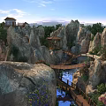 Scenic Rock Formations With Pavilions Wooden Bridge Stream Colorful Flowers And Distant Mountain Views