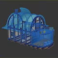 Cartoon Style House With Blue Wave Roof White Walls Brown Door And Small Pool With Plants