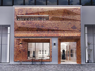 Elegant Lady's Collection Storefront With Textured Brown Facade Glass Display Windows And Warm Lighting 3d model