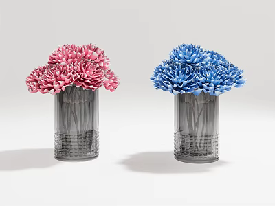 Elegant Two Transparent Textured Glass Vases Displaying Pink And Blue Fresh Flowers 3d model