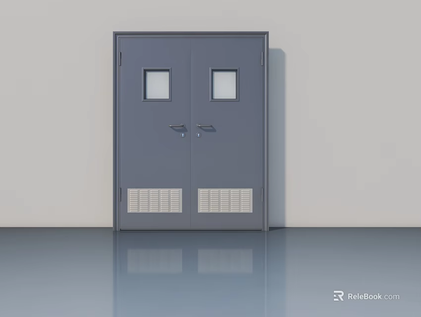 Gray Double Swing Door With Small Windows And Ventilation Grilles On Light Wall 3d model