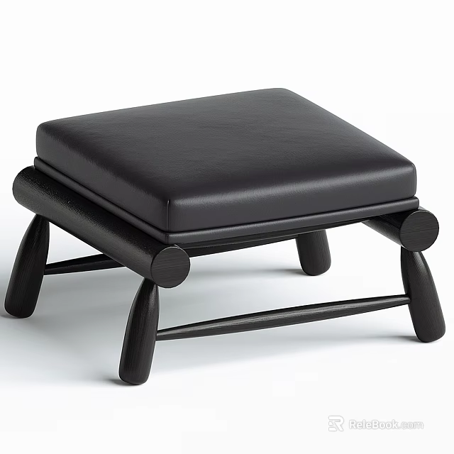 Stylish Black Leather Sofa Stool With Wooden Legs And Minimalist Design 3d model 