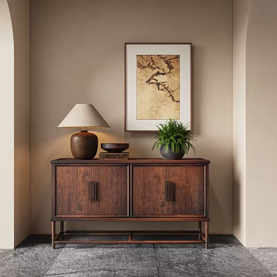 Elegant Wooden Entryway Console Cabinet With Double Doors Table Lamp Potted Plant And Wall Art 3d model