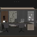 Modern Office Interior With Large Wooden Desk Black Chairs Shelves And Decorative Marble Wall