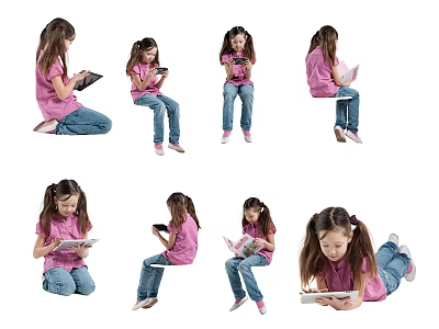Girl In Pink Top And Blue Jeans Using Tablet Or Book In Various Positions 3d model