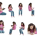 Girl In Pink Top And Blue Jeans Using Tablet Or Book In Various Positions