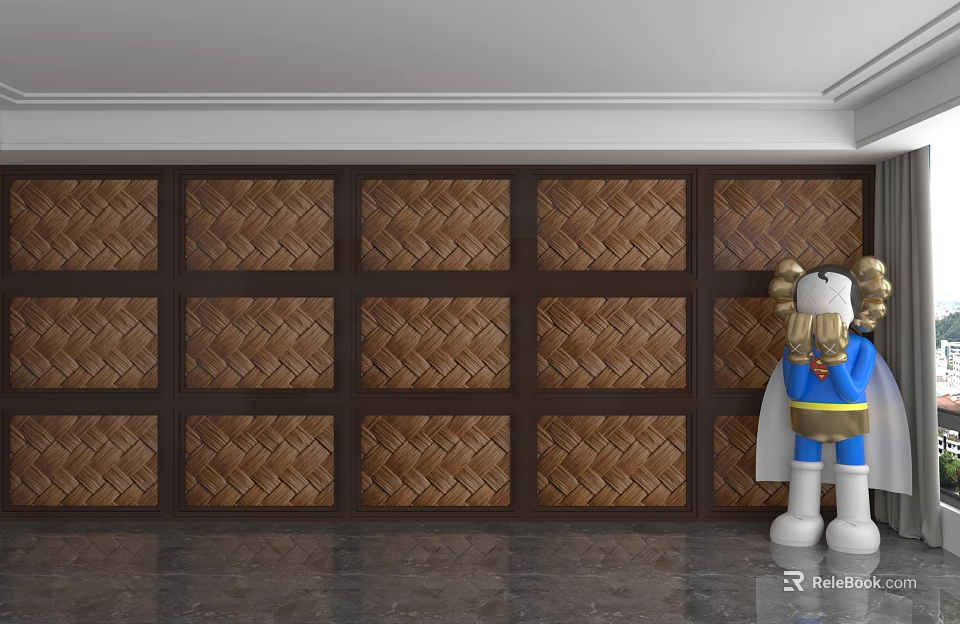 Brown Woven Texture Wall Panel With Dark Frame And Cartoon Character Statue 3d model