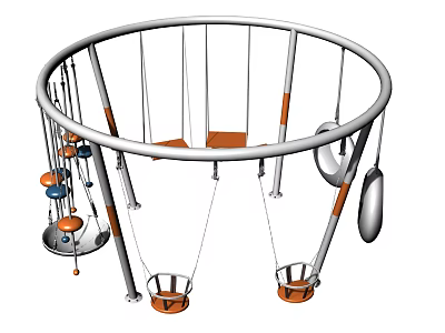 Circular Playground Equipment With Metal Frame Hanging Swings And Orange Seats 3d model