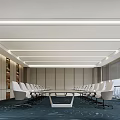 Modern Conference Room Interior With Long Table White Chairs Bookshelves Large Windows And Blue Carpet