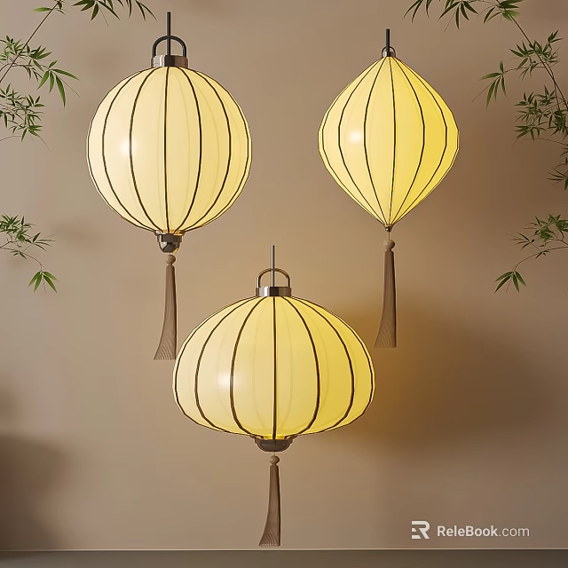 Three Beautiful Yellow Paper Lanterns Hanging With Bamboo Leaves For Interior Decoration 3d model 