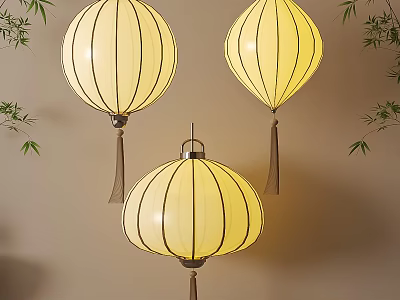 Three Beautiful Yellow Paper Lanterns Hanging With Bamboo Leaves For Interior Decoration 3d model