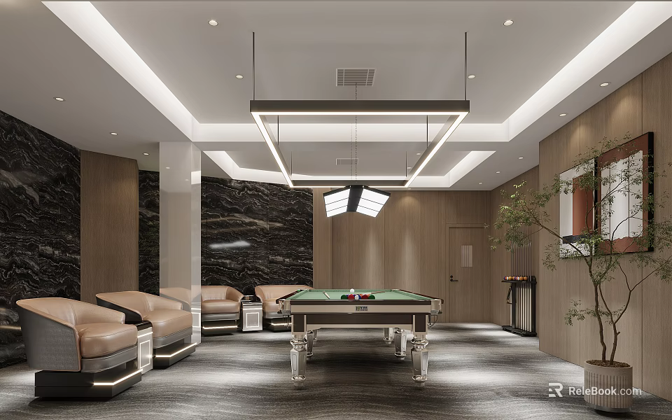 Modern Billiard Room Interior Design With Green Felt Table Leather Couches And Suspended Lighting 3d model 