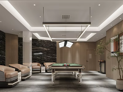 Modern Billiard Room Interior Design With Green Felt Table Leather Couches And Suspended Lighting 3d model