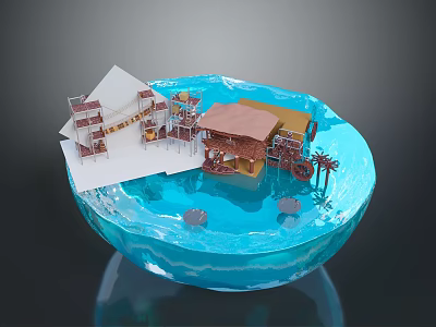 Blue Water Scene With White Building Model Brown Roof Palm Trees And Decorations 3d model