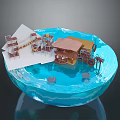 Blue Water Scene With White Building Model Brown Roof Palm Trees And Decorations
