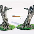 Two Dead Tree Trunks With Exposed Roots On Green Grass Base Decorative Models