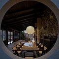 Elegant Restaurant Interior With Wooden Walls Three Hanging Pendant Lights Island Counter And Four Chairs
