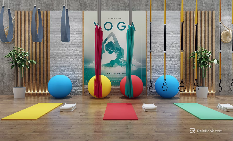 Yoga Fitness Sports Equipment Featuring Colorful Suspension Straps Yoga Balls And Mats 3d model 