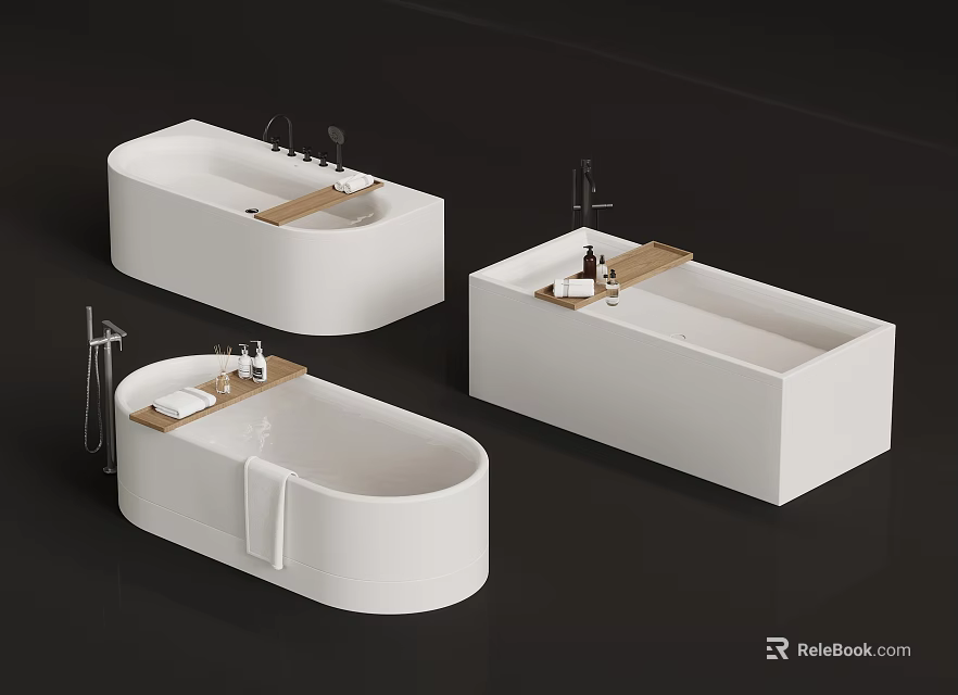 Modern White Bathtub Designs With Oval Rectangular Shapes Wooden Shelves And Chrome Faucets 3d model 