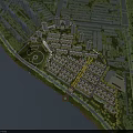 Aerial View Planning of Waterfront Residential Area With Green Spaces and Buildings