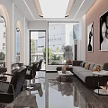 Modern Beauty Hair Salon Interior With Gray Sofa Round Mirrors Black Chairs And Marble Flooring