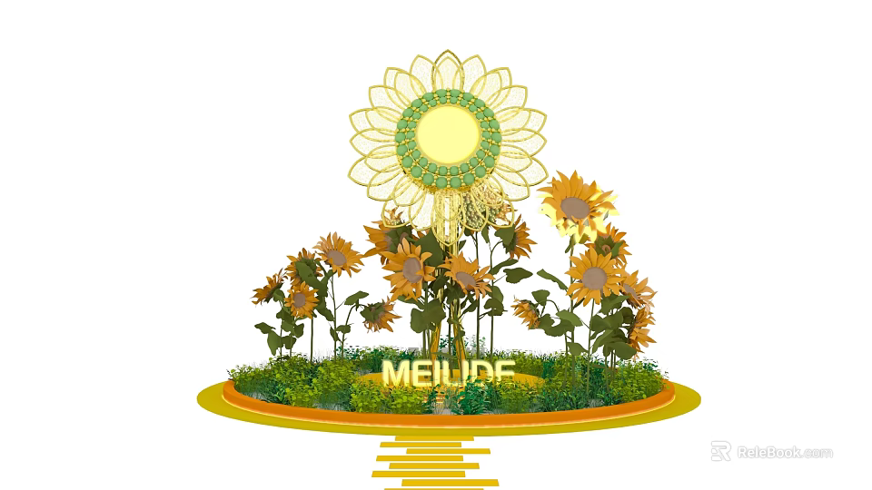 Floral Art Installation With Large Sunflower Decoration Surrounding Sunflowers MEILUDE Sign Steps And Green Plants 3d model 