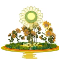 Floral Art Installation With Large Sunflower Decoration Surrounding Sunflowers MEILUDE Sign Steps And Green Plants