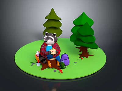 Cute Raccoon Sitting On Tree Stump With Pine Trees Backpack And Mushrooms 3d model