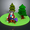 Cute Raccoon Sitting On Tree Stump With Pine Trees Backpack And Mushrooms