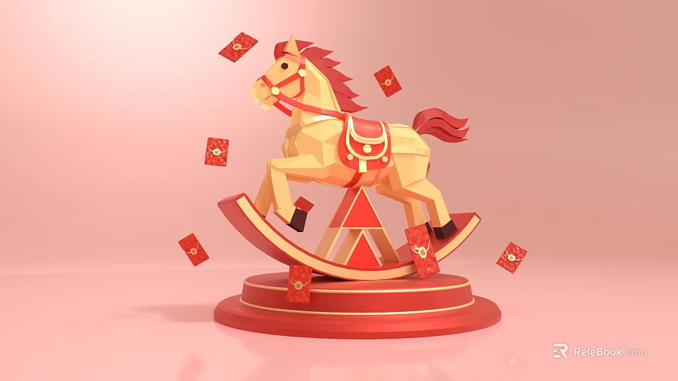 Polygonal Rocking Horse Art Installation With Red Envelopes And Decorative Base 3d model 