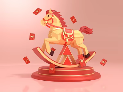 Polygonal Rocking Horse Art Installation With Red Envelopes And Decorative Base 3d model