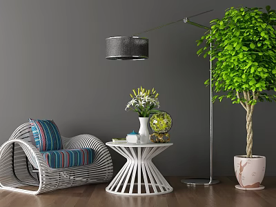 Rattan Outdoor Sofa with Striped Cushions and Side Table Vase Flowers Potted Plant Floor Lamp 3d model