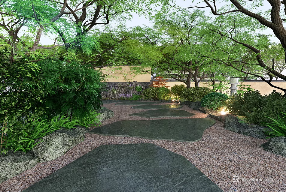 Serene Natural Garden Landscape With Stone Path Green Plants Trees And Rocks 3d model 