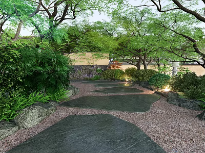 Serene Natural Garden Landscape With Stone Path Green Plants Trees And Rocks 3d model