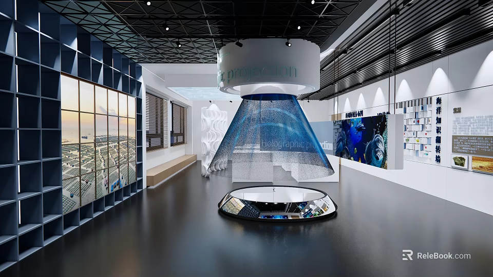 Modern Exhibition Space Interior With Central Cone Installation And Digital Wall Displays 3d model 
