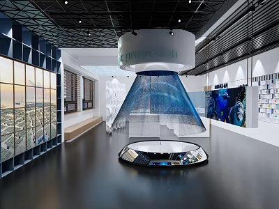 Modern Exhibition Space Interior With Central Cone Installation And Digital Wall Displays 3d model