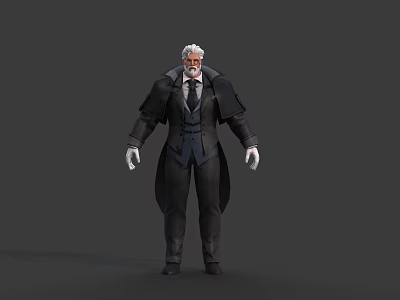 Game Movie Character Elderly White Haired Bearded In Black Long Coat Suit With White Gloves 3d model