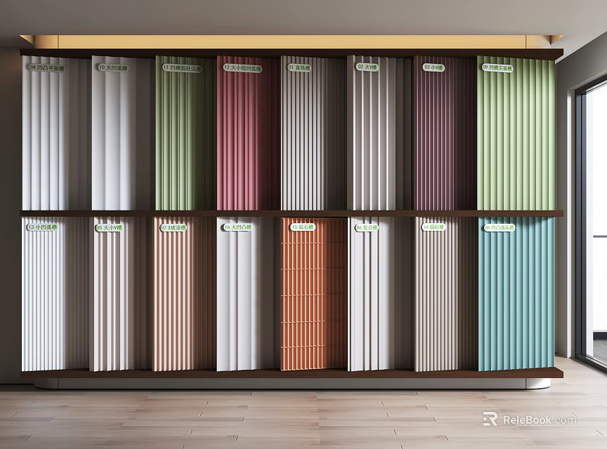 Various Colors Vertical Stripe Panels Background Wall Neatly Arranged On Showroom Display Shelf 3d model 