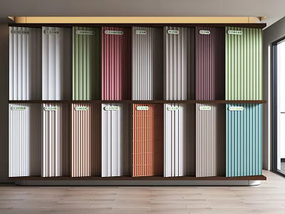 Various Colors Vertical Stripe Panels Background Wall Neatly Arranged On Showroom Display Shelf 3d model
