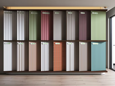 Various Colors Vertical Stripe Panels Background Wall Neatly Arranged On Showroom Display Shelf 3d model