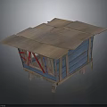 Rustic Small Wooden Cabin With Blue Walls Red Window Frames And Sloped Roofs